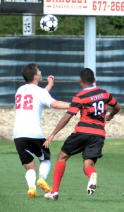 Bradley forward Jason Lesch battles with UNLV midfielder Kevin Partida during last month’s Hotels at Grand Prarie Classic.