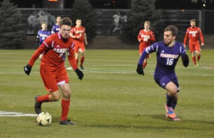 Freshman forward Richard Olson looks to control a loose ball in the second half. Olson assisted on Bradley’s only goal of the night. Photo by Dan Smith.