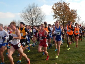 Senior Eric Delvo races in a pack of other athletes at last weekend’s NCAA Midwest Regionals. Delvo placed 52nd in the event, eight places behind teammate Chase Coffey. Photo by Garth Shanklin.