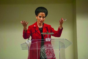 University President Joanne Glasser was one of many ad- ministrators at Student Senate’s Speak Up Monday night. Photo by Maggie Cipriano.