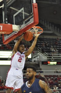 Warren Jones slams down a dunk in Bradley’s win over North Carolina A&T last month. Jones led the Braves with 33 points, including five three-pointers in the win Tuesday. Photo by Dan Smith.