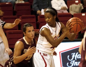 Sophomore Charnelle Reed looks for a Brave to pass the ball to in the team’s exhibition victory over Eureka last month. Photo by Maggie Cipriano.