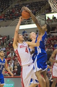 Auston Barnes has his shot blocked against Drake Wednesday night. Barnes tallied nine points, but only made two of eight shots from the field in the Braves’ loss.
