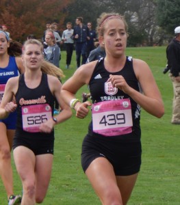 Freshman Allison Wilson races for Bradley’s cross-country team at the Bradley Classic in October. Wilson was a member of the Braves’ distance medley relay team last weekend in the John Craft Invitational. Photo by Garth Shanklin