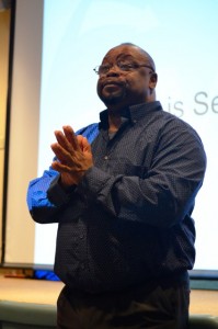 Improv speaker Ron Jones addressed students at “Dialogues on Diversity” hosted by ACBU Thursday night in the Student Center Ballroom. Student reactions indicated disappointment in the event. Photo by Moira Nolan.