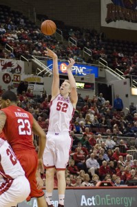 Junior center Nate Wells attempts a jump shot in Bradley’s loss to Illinois State earlier this week. Wells is beginning to see an expanded role this season. Photo by Dan Smith.