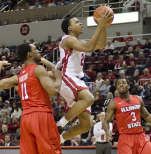 Junior Warren Jones drives toward the hoop for two of his nine points against Illinois State Wednesday. Photo by Dan Smith.