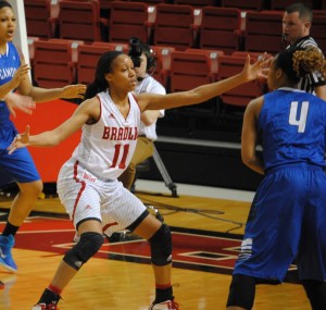 Freshman Tamya Sims defends against Indiana State earlier this month. Sims finished one rebound shy of a double-double against the Rambler. Photo by Maggie Cipriano.