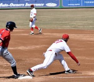 Junior Elliot Ashbeck stretches to make a play at first base agaisnt Dallas Baptist last year. Ashbeck and the Braves begin MVC play today at Dozer Park against Southern Illinois. Photo by Dan Smith.