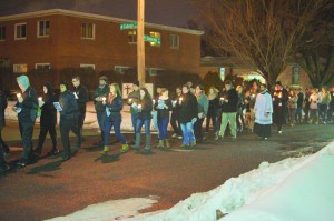 More than 35 seminarians traveled from Mount St. Mary’s Seminary in Maryland to join Bradley’s Catholic community for a week of evangelization on campus. Tuesday night, the group processed through campus with the Eucharist. Photo by Dan Smith.