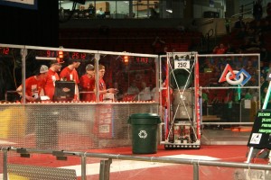 The FIRST Robotics Competition featured 38 different high school teams from across the region to compete in “Recycle Rush,” a game where a robot programmed by the students had to stack recycling bins to earn points. Bradley students were involved in the judging processes. Photo by Melody Mercado.