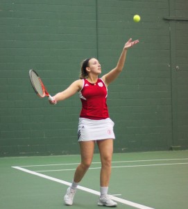 Senior Cassia Wojtalik won her match against New Orleans for Bradley’s only point against the Privateers. Photo by Dan Smith.