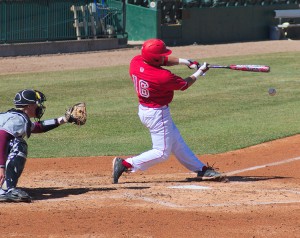Senior Chris Godinez swings at a pitch in Bradley’s 10-0 win Saturday against SIU. Godinez’s triple Friday night resulted in Bradley’s only run. Photo by Dan Smith.