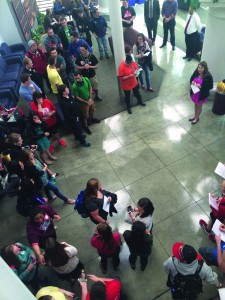 Nearly 60 students gathered in the Student Center Atrium Wednesday afternoon to hear the results of the SBO elections. Photo by Lisa Stemmons.