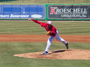 Junior Steve Adkins delivers a pitch against the Salukis in March. Adkins struck out the first four batters he faced and picked up the win against WSU Saturday. Adkins’ victory was Bradley’s first over the Shockers in the team’s last 20 games against Wichita State. Photo by Dan Smith.