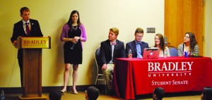 Candidates for student body officer positions faced off in a debate Wednesday night in Marty Theatre. Elections will be held April 6 and 7 via the Brave Life app, online or in the Student Center. Read The Scout’s candidate endorsements on A6. Photo by Maggie Cipriano.