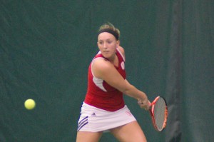 Senior Cassia Wojtalik returns a serve against IPFW. Bradley tennis won two MVC games last week. Photo by Dan Smith.