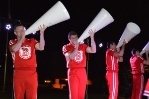 The Bradley cheer squad leads students in the traditional school cheer Wednesday at the Lighting of the B event. Students gathered that evening in the Founder’s Circle for food, festivities and free T-shirts. Photo by Anna Foley.