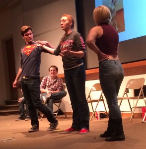 BBQ Kitten troupe members improvise at their performance Saturday. The show included several games focused on engaging their audience. Photo by Maddie Gehling.