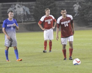 Alex Ciaramitaro (16) and Joe Morales (14) take a breather during a game against Houston Baptist. Photo by Adam Rubinberg.