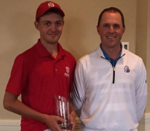 Freshman golfer Drake Bushong (left) poses with his trophy after gar- nering medalist honors at the Zach Johnson Invitational. Photo via BradleyBraves.com.