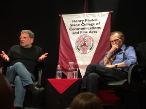 Los Angeles Dodgers broadcaster Charley Steiner and television host Larry King discuss their careers and issues in the broadcasting world in front of a student audience Monday during the Steiner Symposium. Photo by Anna Foley.