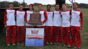 The Bradley men's cross country team poses with their conference champion trophy after winning their conference meet in Evansville, Indiana. Photo via bradleybraves.com.