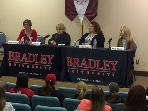 The panel on obstacles for women in sports media addresses the crowd during the inaugural Charley Steiner symposium. Photo via the BU Steiner School Twitter account.