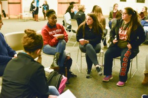 Students discuss greek life in small groups during the ACBU Crossfire event in the Garrett Cultural Center Wednesday night. Photo by Katlyn Gerdes.