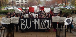 Students gather Monday in front of Bradley Hall as part of a solidarity protest with Mizzou and to advocate for diversity on campus. Photo by Chris Kwiecinski.