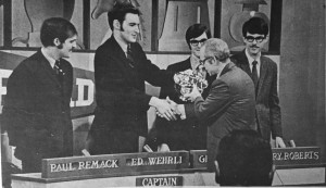 Gary Roberts, pictured to the far right, in the Nov. 21, 1969, issue of The Scout receives a trophy with his team for winning five straight Scholastic Bowl games. Photo taken from the Scout archives.