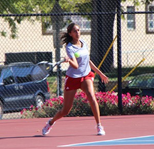 Freshman Malini Wijesinghe returns a ball in the Bradley Invitational last October. Wijesinghe was the only Brave to win a game last weekend. Photo by Ann Schnabel.