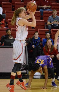 Anneke Schlueter (left) squared up for a shot against Northern Iowa. Schlueter scored 12 points against Drake and eight against Northern Iowa. Photo by Anna Foley.
