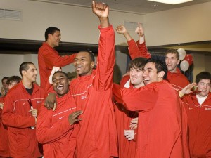 Bradley players react after being selected into the 2006 NCAA Tournament. Photo via bradleybraves.com.