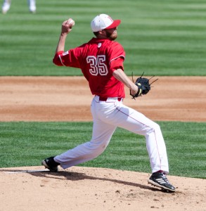 Senior pitcher Cameron Roegner delivers a fastball in a game against Illinois College. Roegner threw a complete game last weekend against Missouri State, yielding on one run in the 2-1 win. Photo submitted by Dan Smith.