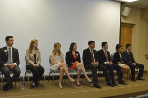 Student body officer candidates answered questions in front of constituents and fellow student senators Wednesday night in Marty Theater. Photo by Adam Rubinberg
