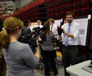 Students demonstrate their projects during the Scholarship Exp Thursday in Renaissance Coliseum. There were 195 participants. Photo by Ethan Herman.