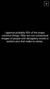 A: I approve probably 95 percent of the snaps. Common things I filter are non-consensual images of people with derogatory words or random pictures that make no sense.