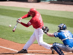 Bradley catcher Ian Kristan makes contact with the ball during an at bat against Illinois College last week- end. Kristan is seventh on the team with a batting average of .305. Photo submitted by Dan Smith.