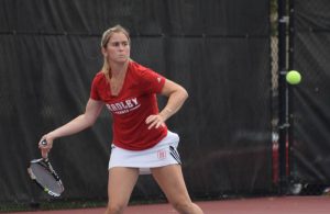 Junior Alejandra de Lasa winds up to rip a forehand in a match this past weekend in the Bradley Invitational. Photo by Justin Limoges.