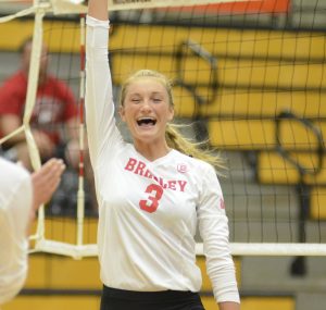                                             photo via bradleybraves.com Sophomore outside hitter Erica Haslag celebrates a kill against South Dakota State Sept. 4 at the North Dakota State Classic. Photo via bradleybraves.com.