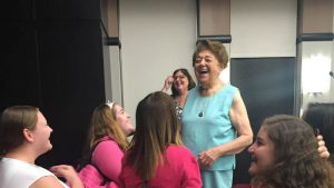 Magda Brown, a survivor of the Holocaust, talks with students Tues- day after her presentation titled "Think Before You Hate". Photo by Lisa Stemmons.