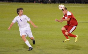 A Bradley player heads a ball at midfield in a win against Western Illinois last week. Bradley dropped a pair of games this past week. Photo by Anna Foley.