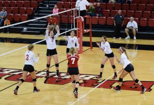 The Bradley volleyball team celebrated its second conference win Saturday after taking down Indiana State in four sets. The Braves now sit at 2-9 in conference play. Photo by Justin Limoges.