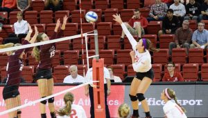 Sophomore Allison Turner rises to spike a ball in a match against Southern Illinois. Turner is fourth on the team in kills with 84. Photo by Justin Limoges