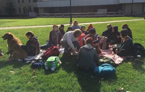 Students gather for a peaceful protest on Olin Quad Wednesday after the results of the presidential election were announced in the early morning. photo by Maddie Gehling