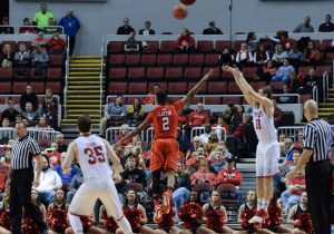 Sophomore Luuk van Bree rises for a three-point shot in a loss to Illinois State. Van Bree finished with nine points on 3-4 shooting from three. photo by Justin Limoges