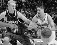 Sophomore Sam Maniscalco drives to the lane during the Braves’ win over Indiana State last Saturday. Photo by Megan Loos
