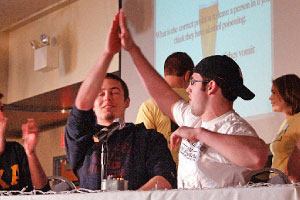 Students compete for prizes in Booza-A-Palooza, a game-show event aimed at teaching students about alcohol awareness, on Monday night. Representatives from dorms participated in the event, which tested knowledge of alcohol statistics and policies. Booza-A-Palooza was sponsored by ARH and Res Life. Photo by Megan Loos