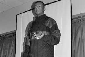 Professor Griff, a member of Public Enemy, speaks to students who visited the Black History 101 Mobile Museum on Feb. 12. Photo by Louis Amberg